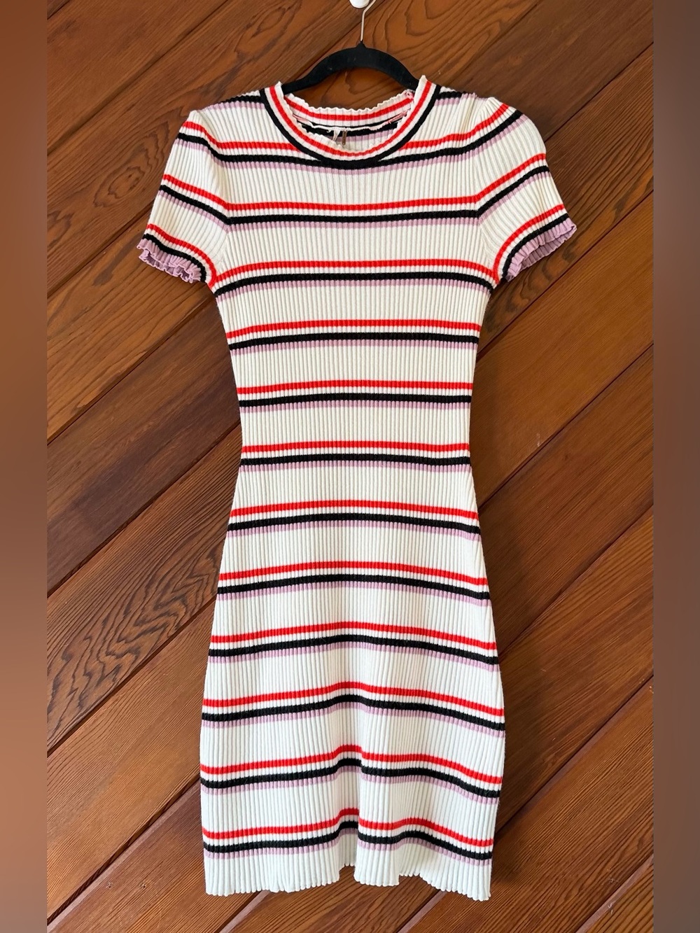 Free People Striped Ribbed Knit Mini Dress Women's Size Medium Lettuce Trim